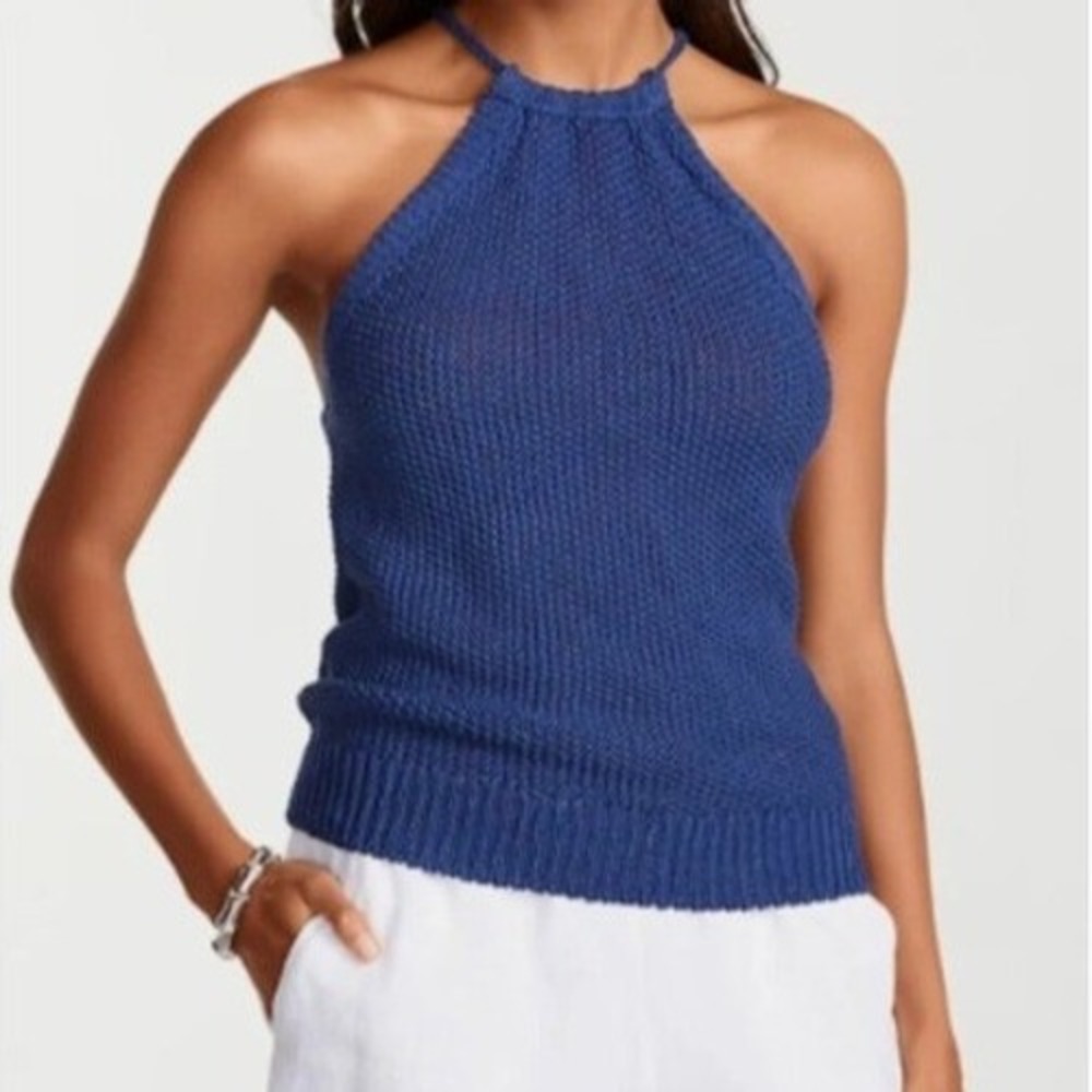 Tommy Bahama New Large Paradise Sun Knit Halter Sweater Tank in Blue Linen Blend